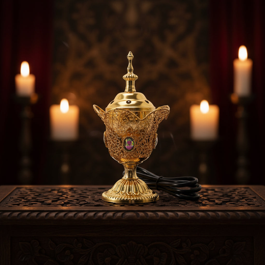 Decorative gold lamp with intricate design on a white background