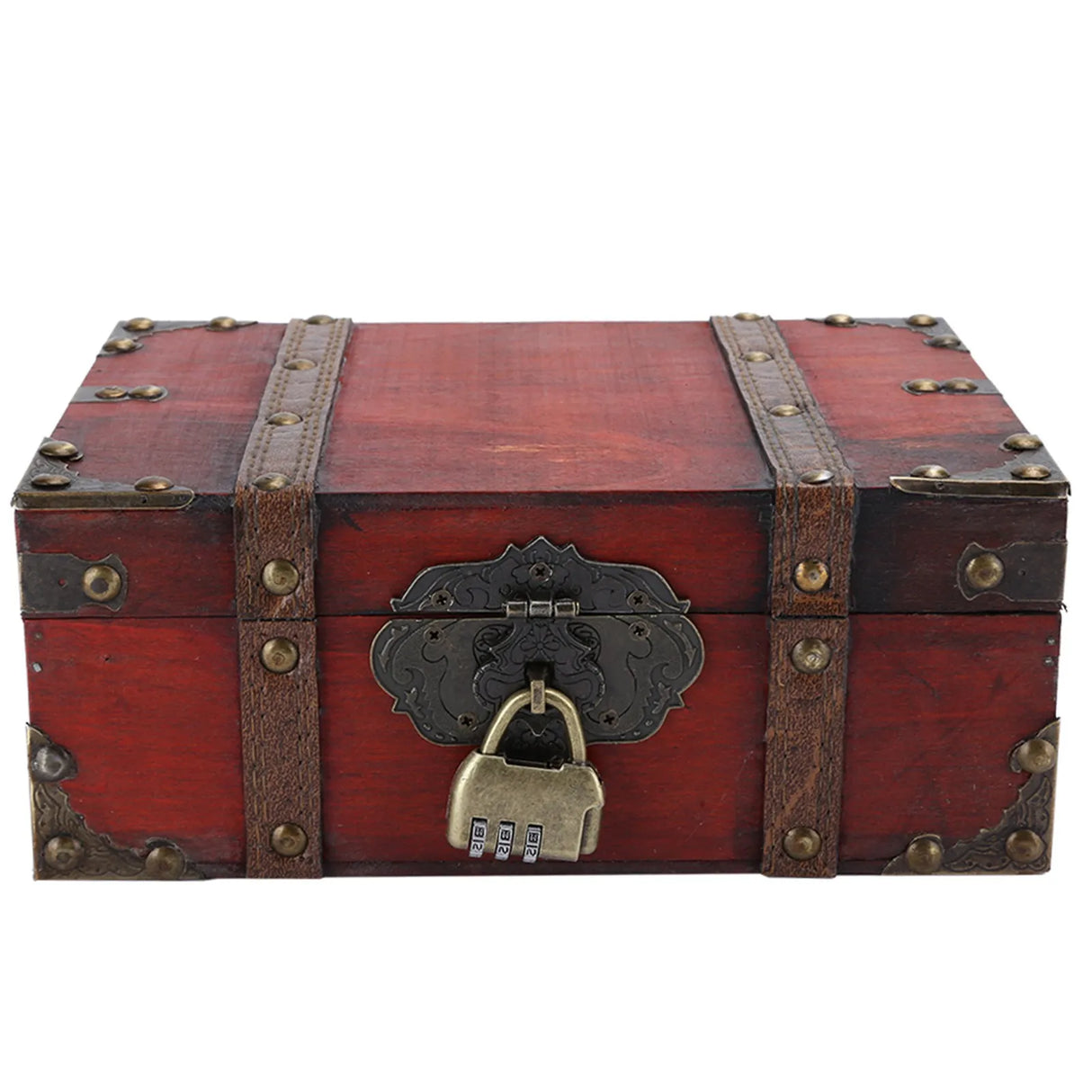 Red wooden treasure chest with a lock on a white background
