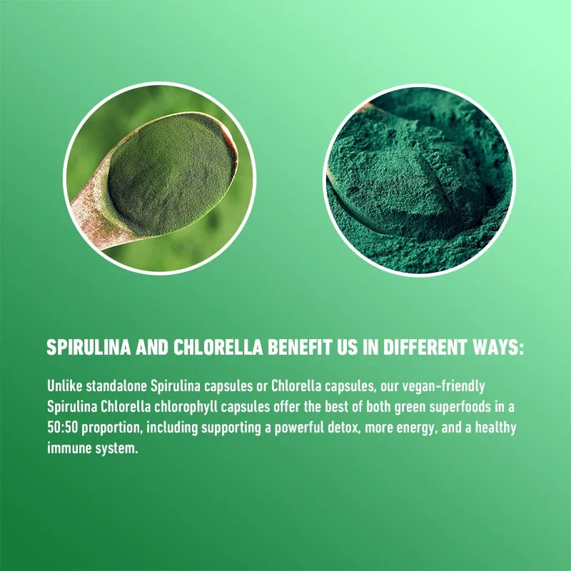 Two images of green powders on a green background with text about Spirulina and Chlorella benefits.