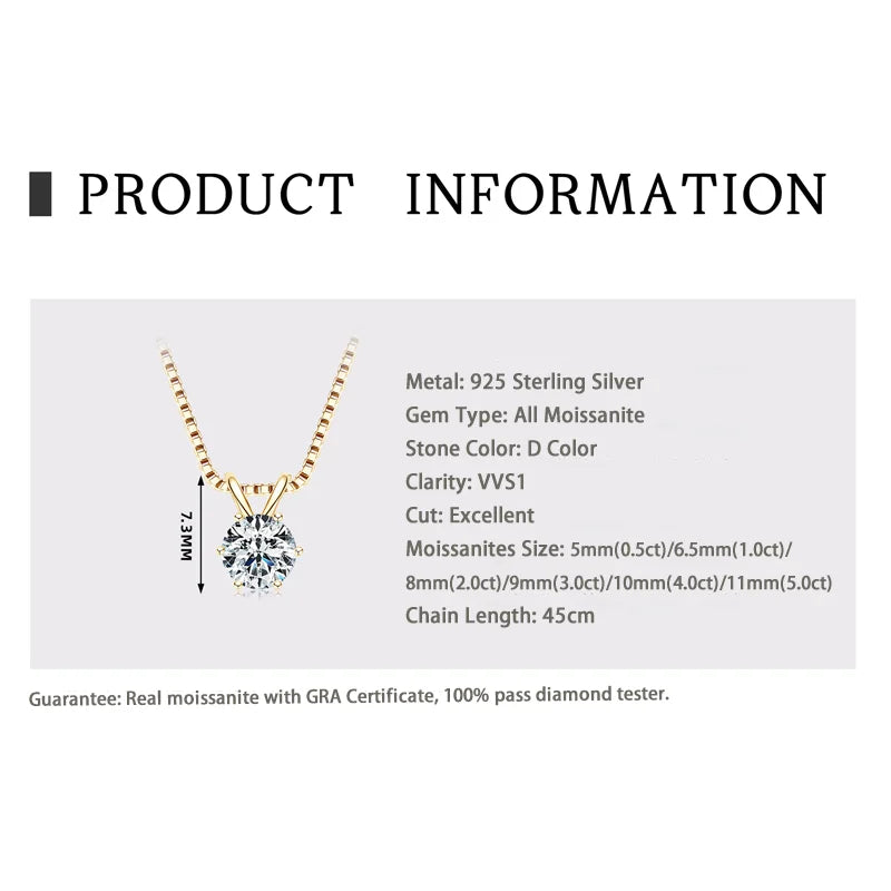 Product information card for a diamond necklace with specifications on a white background.