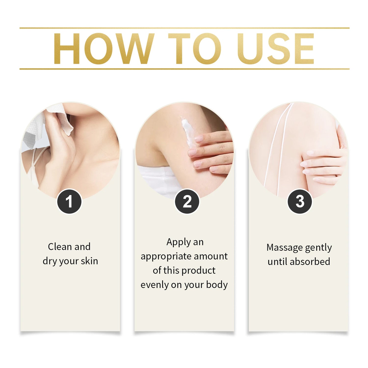 Instructions on how to use a skincare product with three steps shown.