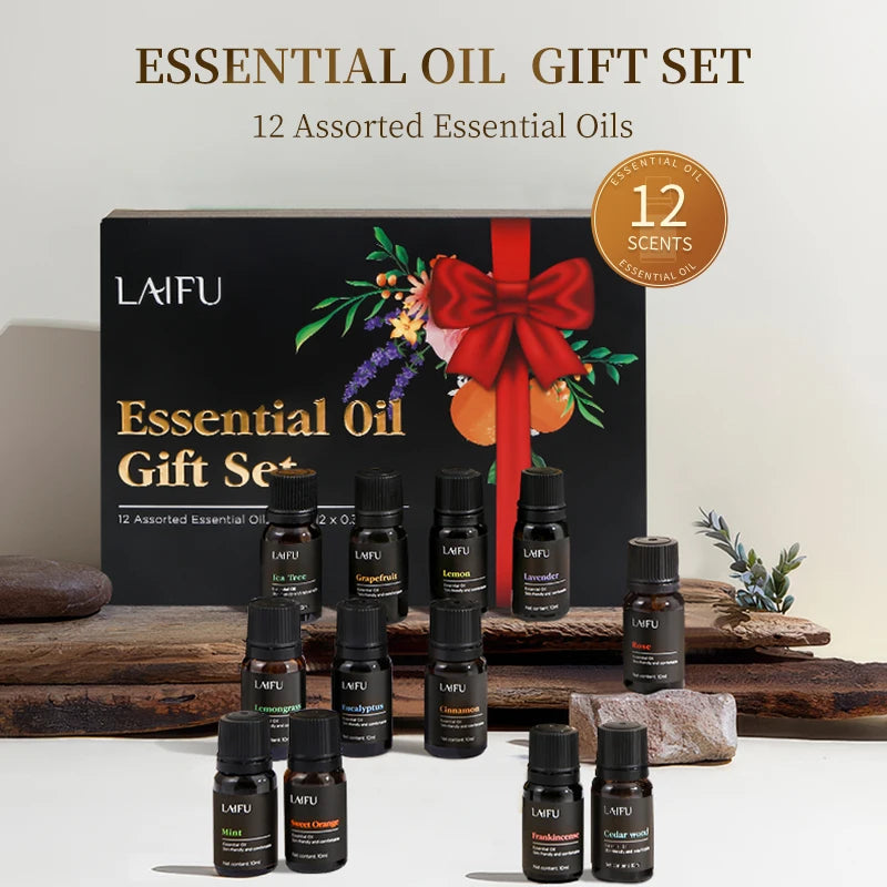 Essential oil gift set with 12 bottles and packaging featuring a red bow and flowers.