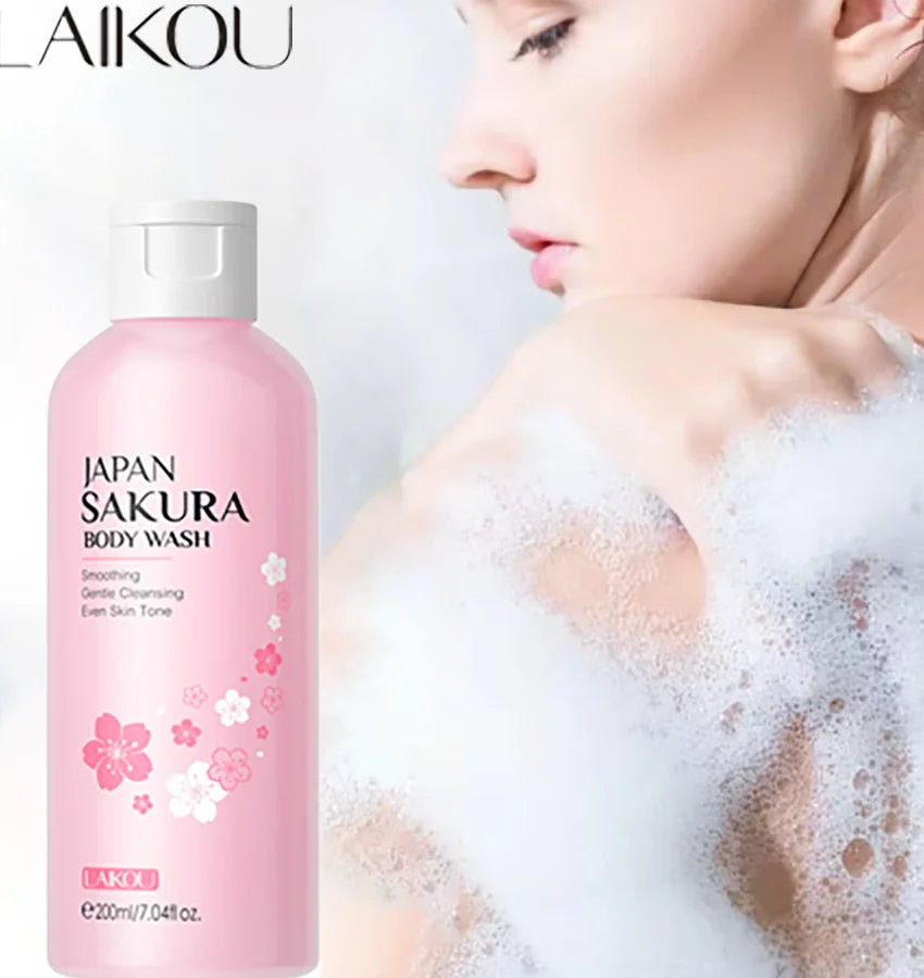 Pink bottle of LAIKOU Sakura Body Wash with a person in bubbles on a light background