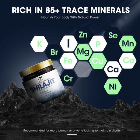 Shilajit product with minerals and text on a dark background