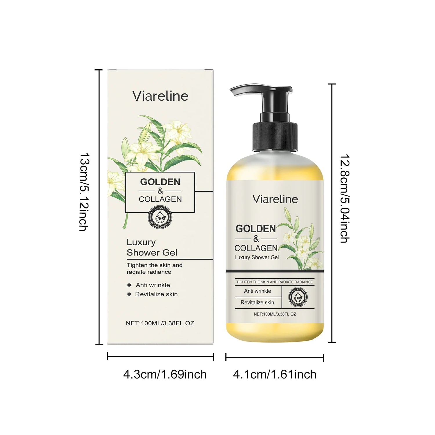 Viareline Golden & Collagen shower gel with packaging and dimensions on a white background