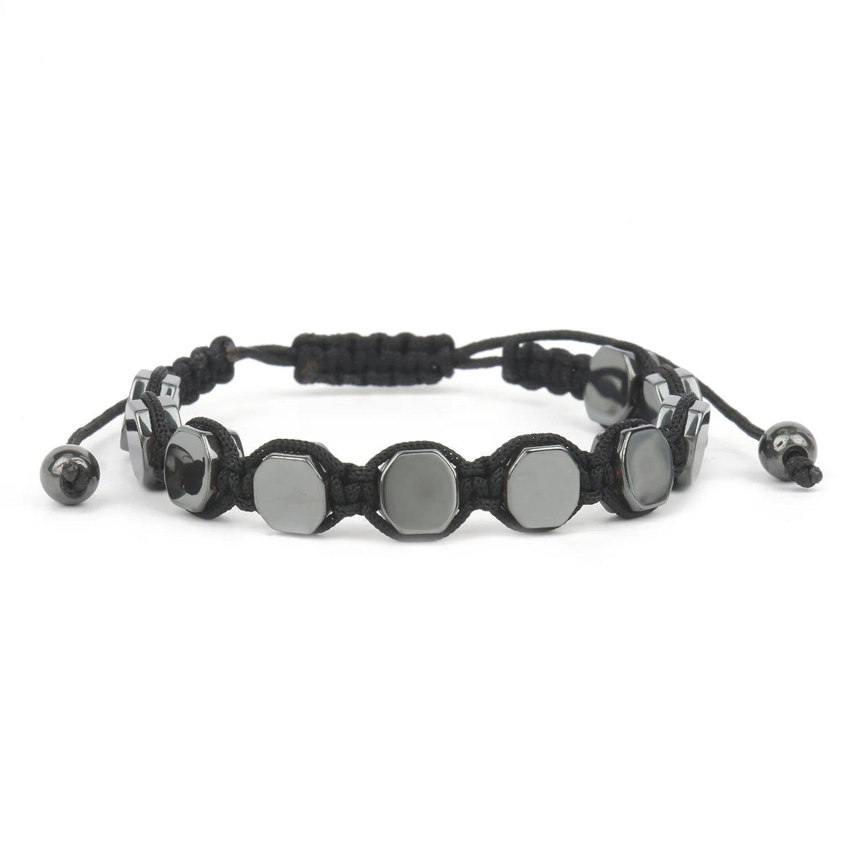 Black and silver beaded bracelet on a white background