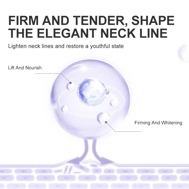 Advertisement for neck care product with text and a stylized neck illustration on a white background.