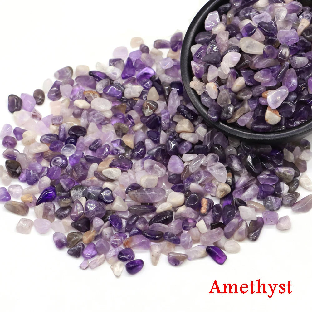 Amethyst stones with a bowl of stones on a white background, labeled 'Amethyst'.