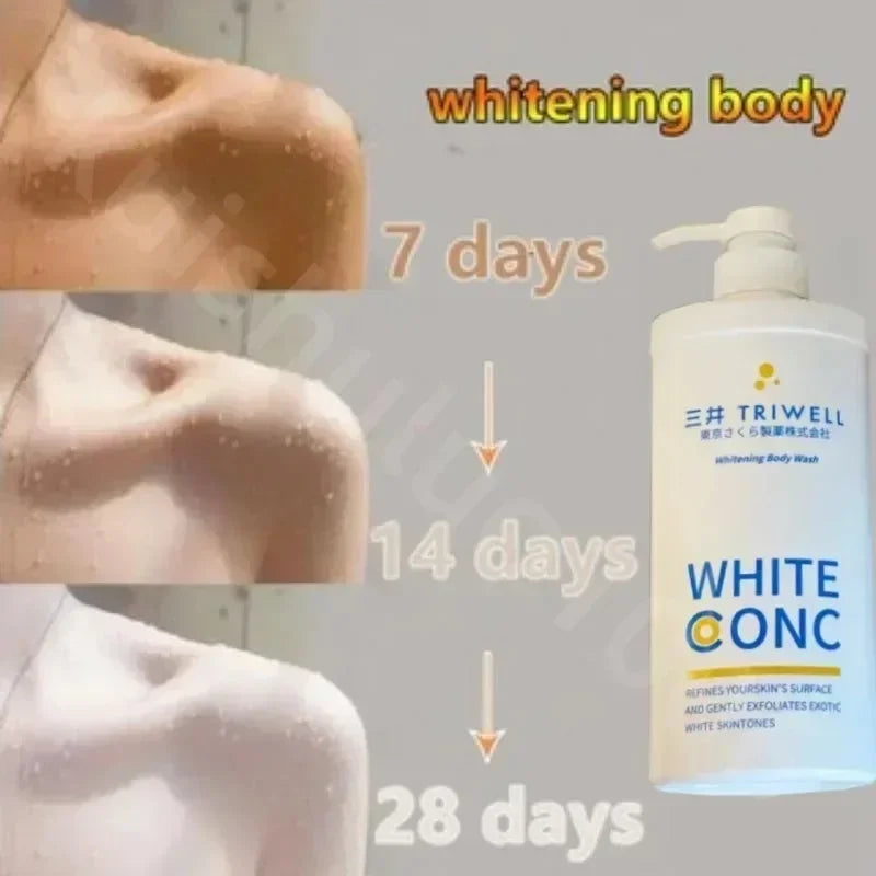 Triwell White Conc whitening body wash with before-and-after images of skin lightening over 28 days.