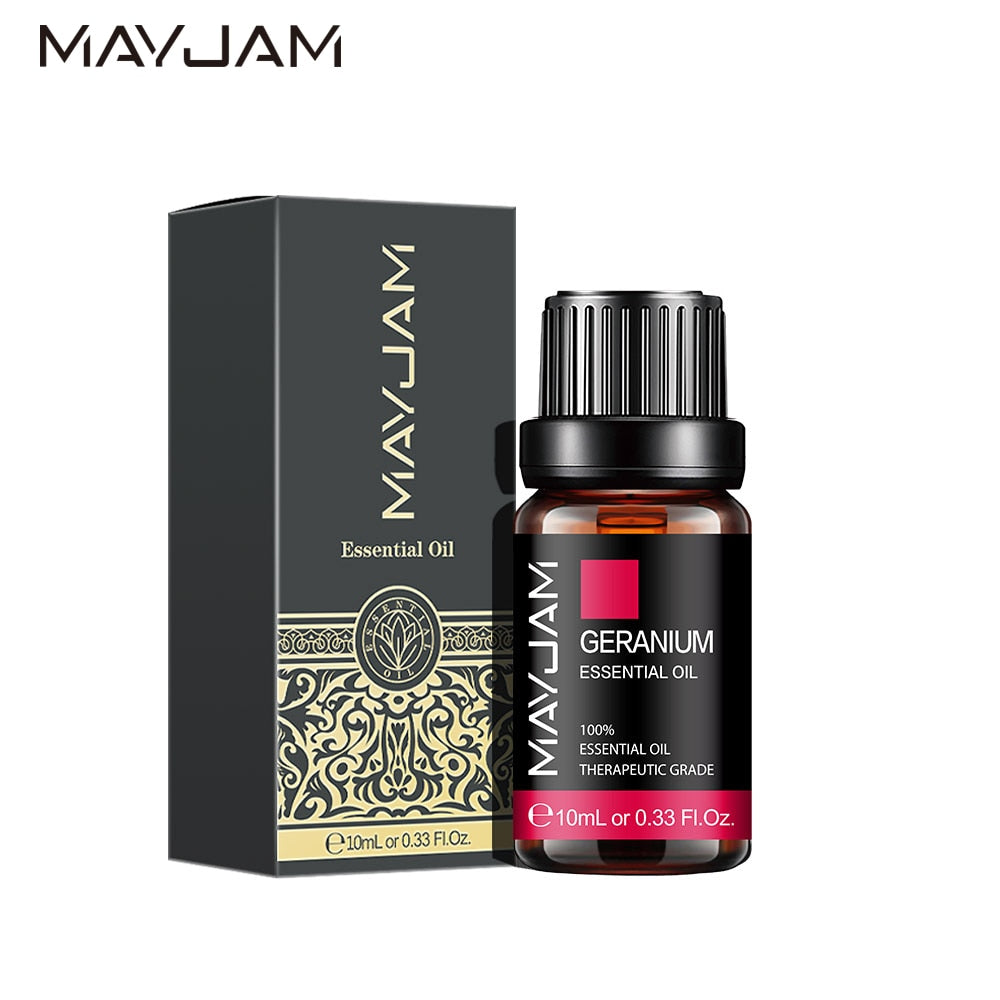 MayJam Geranium essential oil bottle and packaging on a white background