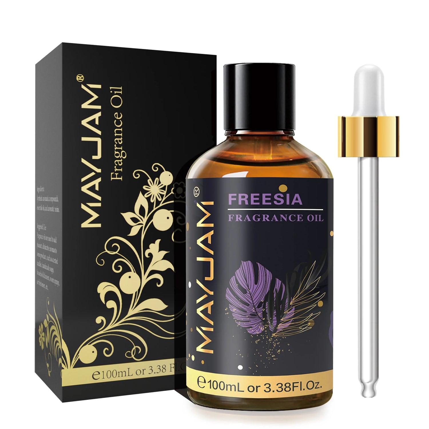 MayJam Freesia fragrance oil bottle with dropper and packaging on a white background
