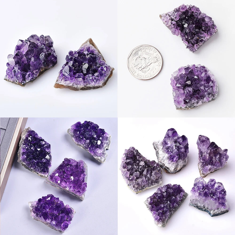 Purple crystal clusters with a coin for scale on a white background