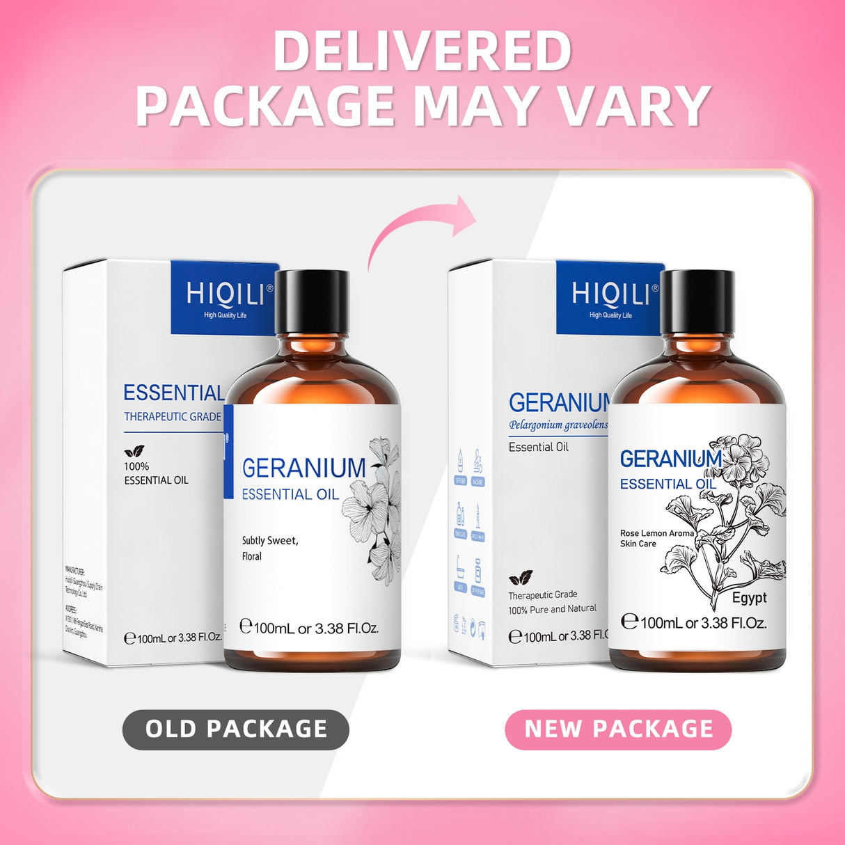Comparison of old and new packages of HiQILI Geranium essential oil on a pink background.