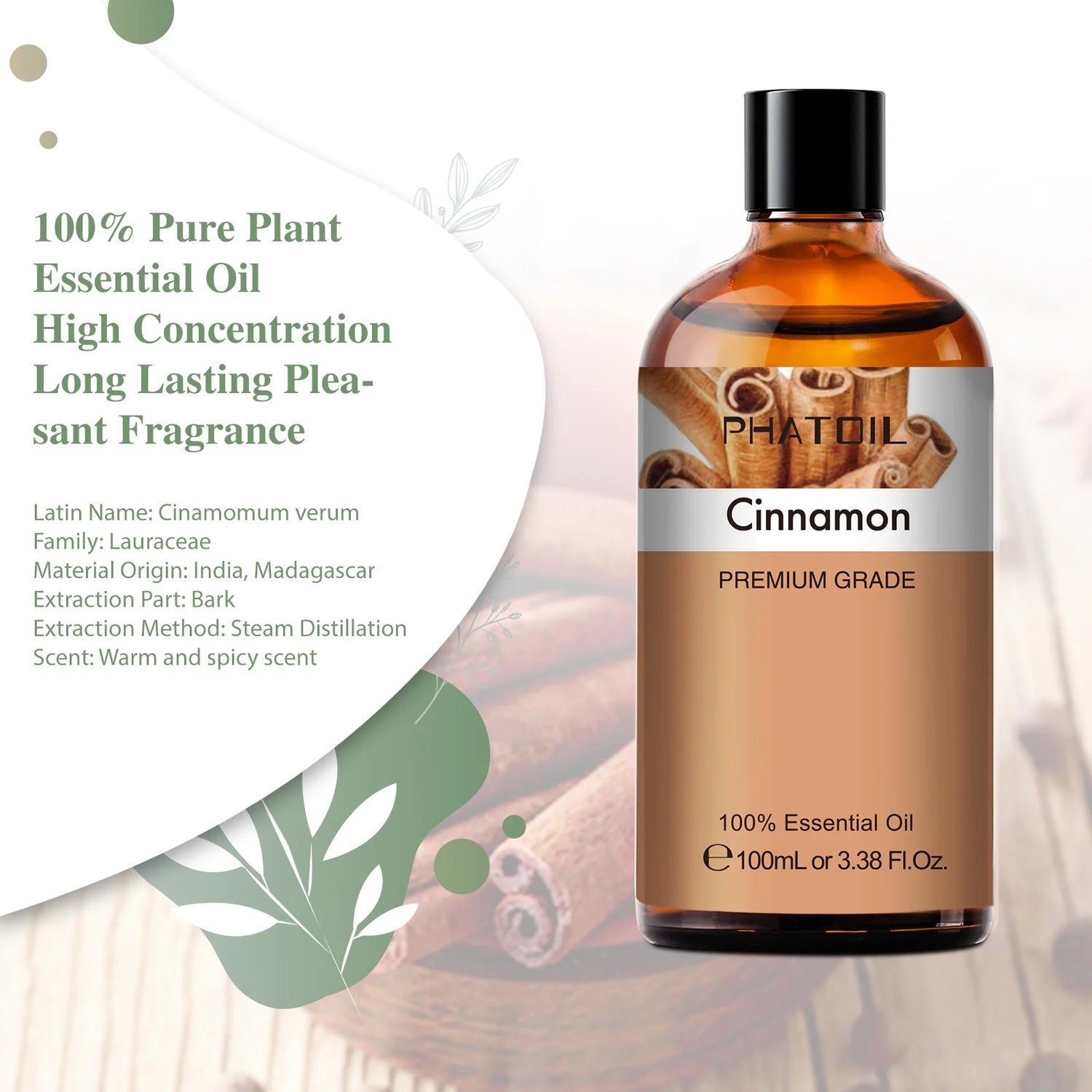 Bottle of cinnamon essential oil with product details on a white background