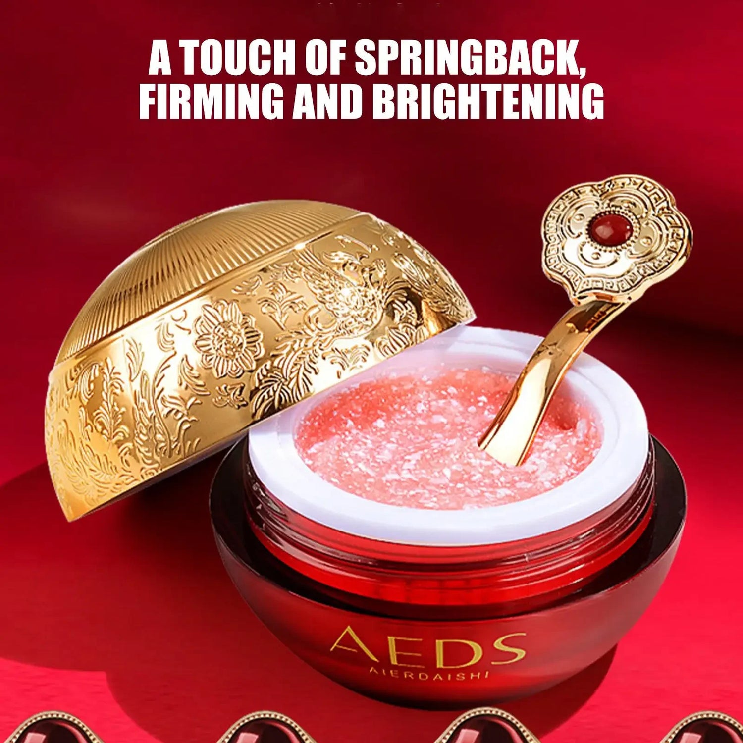 Red jar with gold lid and spoon on a red background, featuring the brand 'AEDS'.