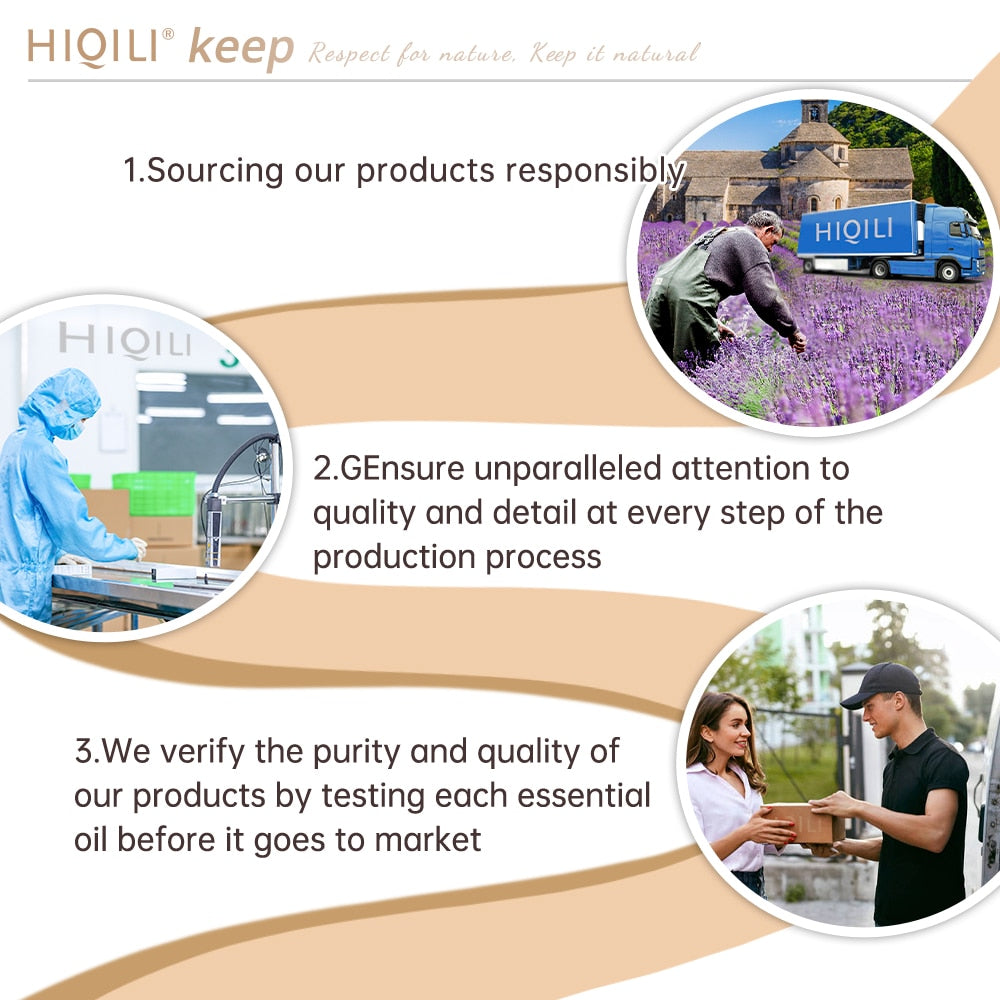 HIQILI brand infographic on responsible product sourcing, quality assurance, and product testing.