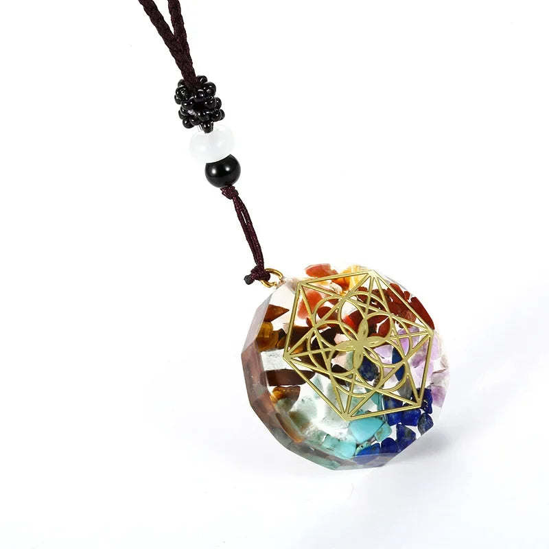 Crystal pendant with geometric design on a white background