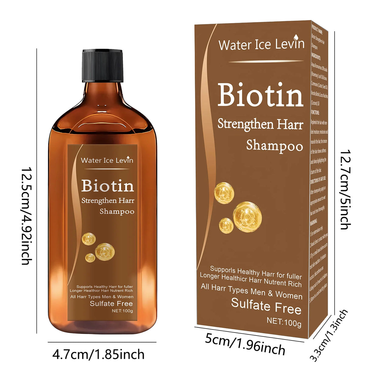 Biotin shampoo bottle and box with dimensions on a white background