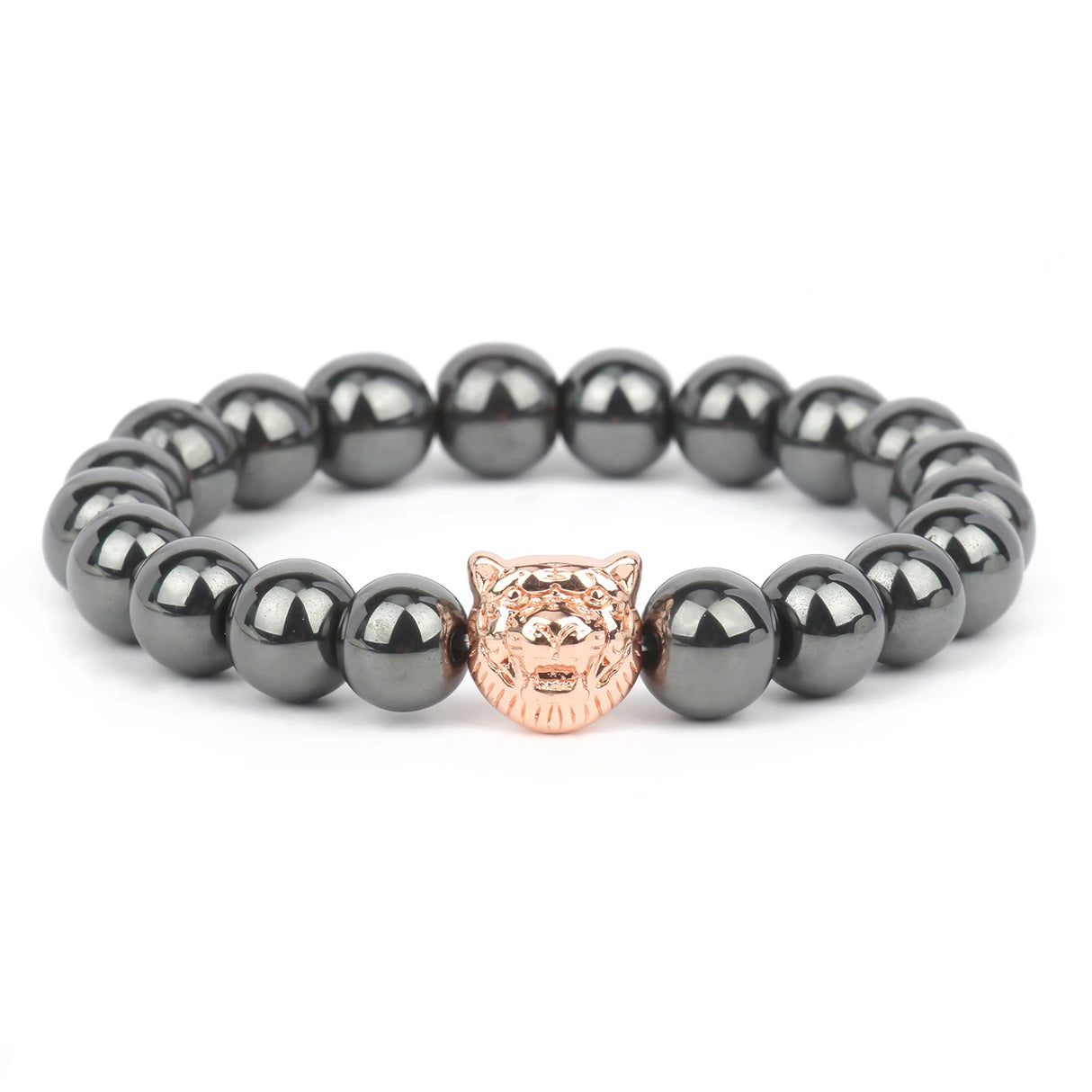 Bracelet with black beads and a rose gold clasp on a white background