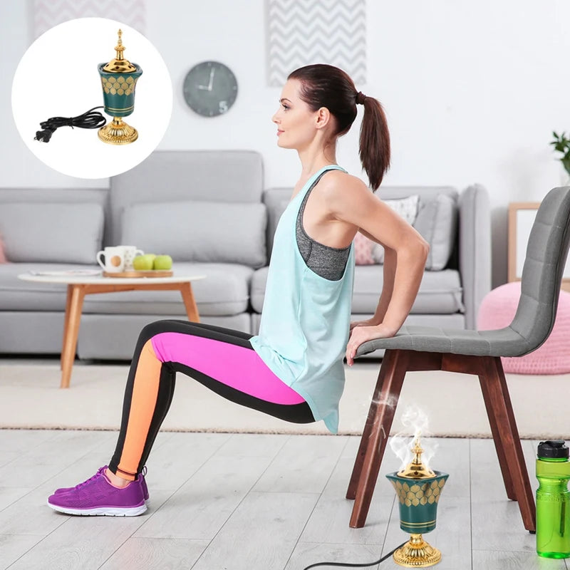 Woman exercising on a chair with a small lamp and water bottle in a living room setting.