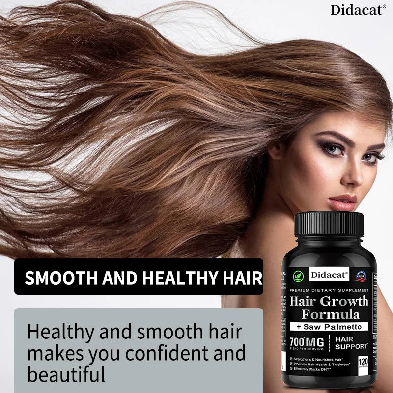 Woman with long brown hair next to a bottle of Didacat Hair Growth Formula on a white background