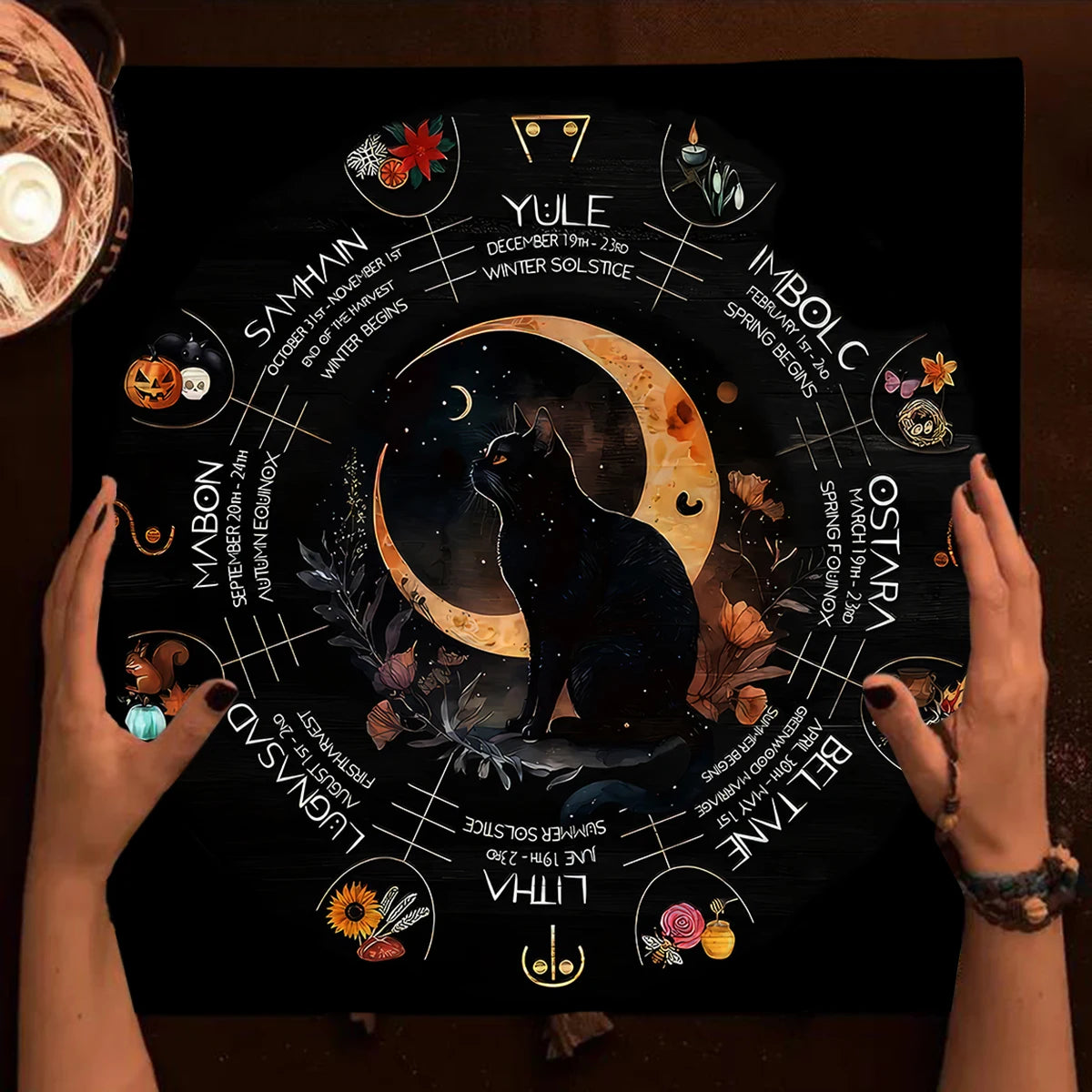 Wiccan calendar with a black cat silhouette and seasonal names on a dark background.