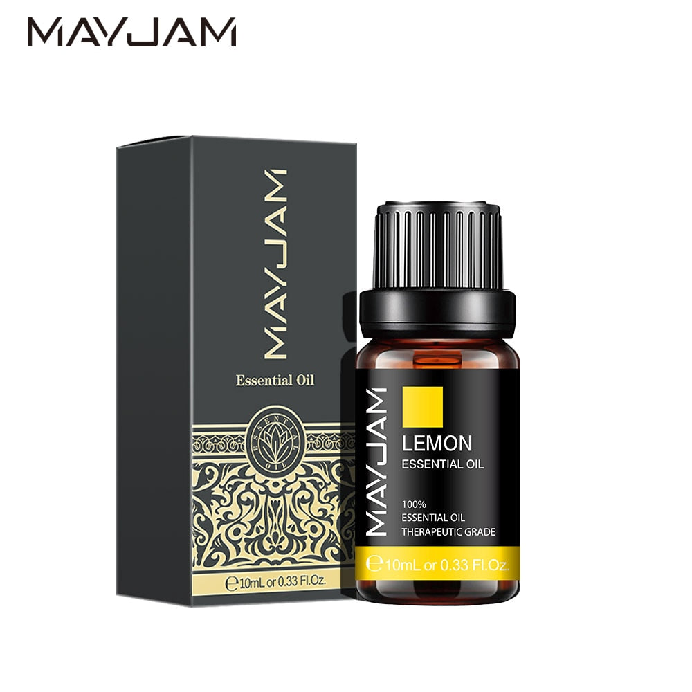 MayJam lemon essential oil bottle and packaging on a white background