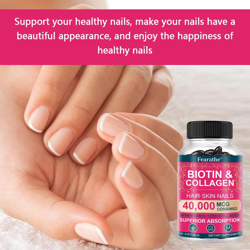 Bottle of Biotin & Collagen supplement with hands showing healthy nails on a pink background