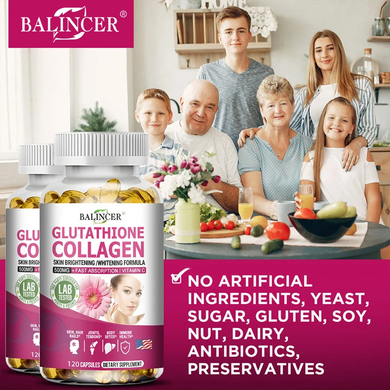 Family gathered around a table with Balincer Glutathione Collagen supplement in the foreground.