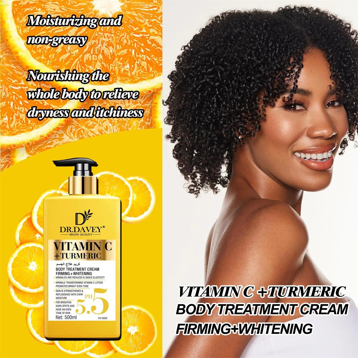 Advertisement for Dr. Davey Vitamin C + Turmeric body treatment cream with a woman and oranges.