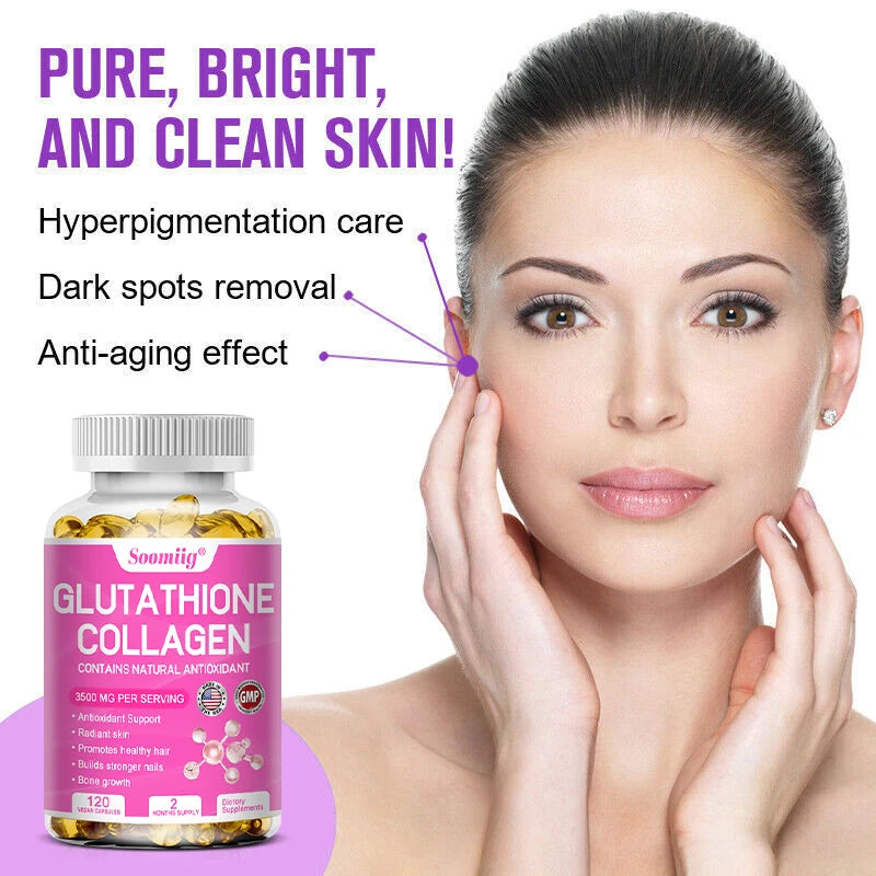 Woman with glowing skin holding her face next to a bottle of Glutathione Collagen supplement on a pink background.