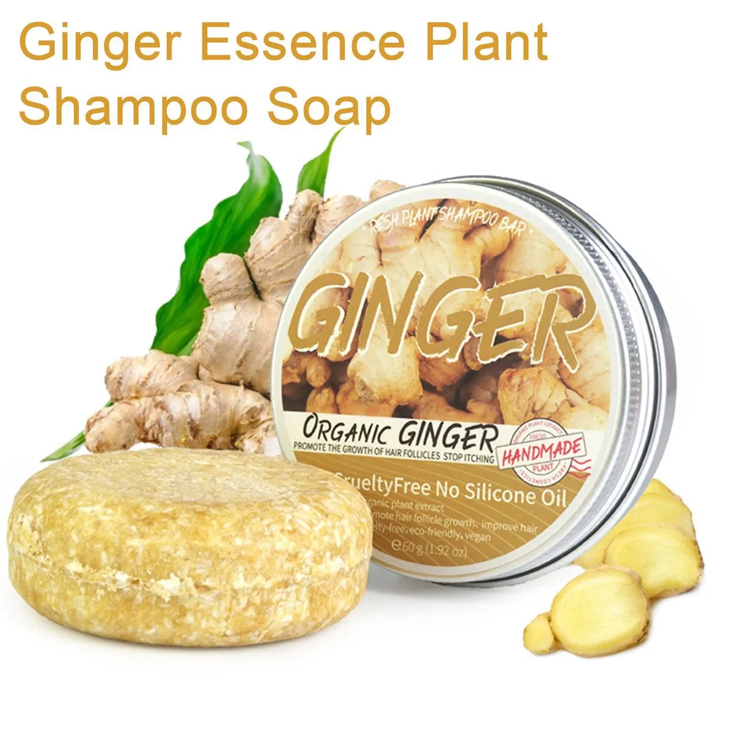 Ginger Essence Plant Shampoo Soap with ginger root and leaves on a white background