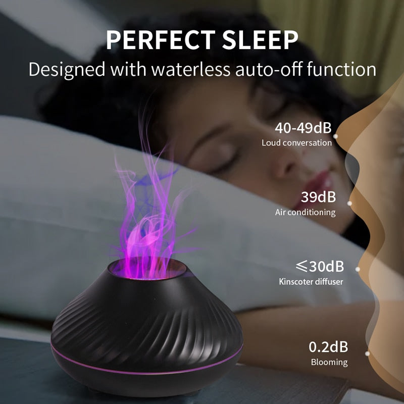 Black diffuser emitting purple light with a person sleeping in the background, labeled 'Perfect Sleep' with noise level information.