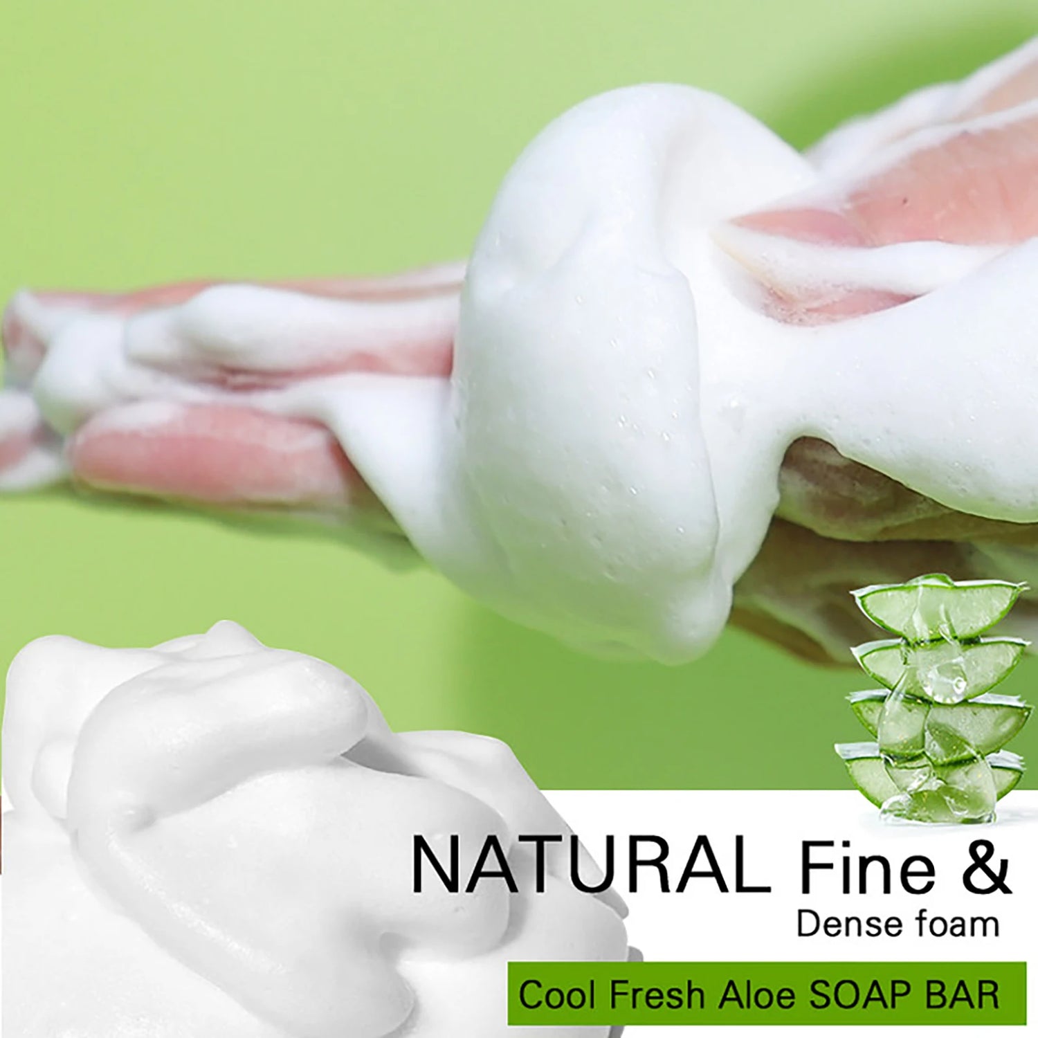 Foamy soap bar with aloe vera on a green background
