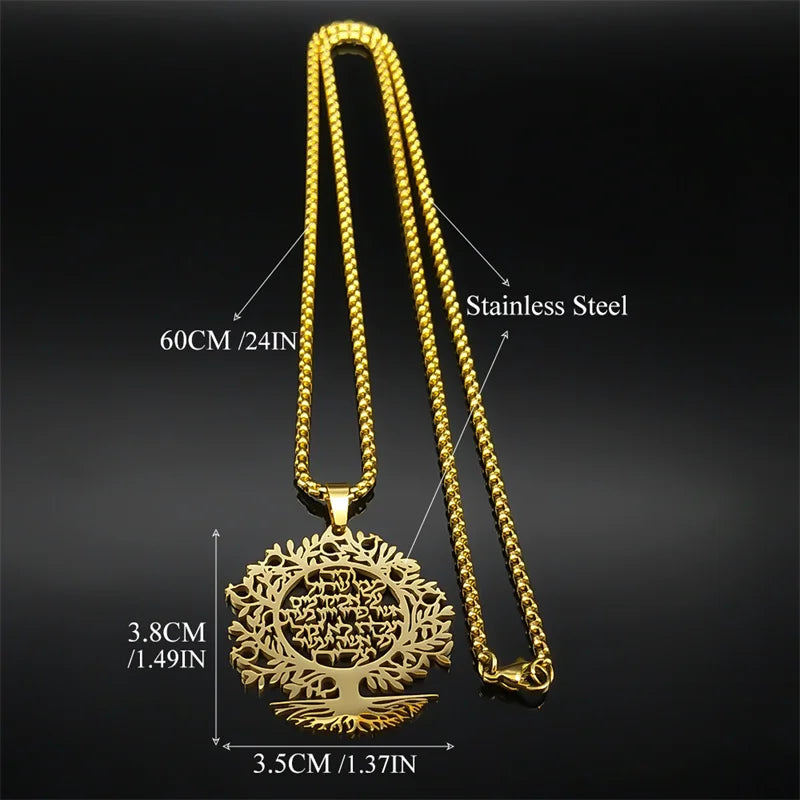Gold necklace with tree pendant and measurements on a black background