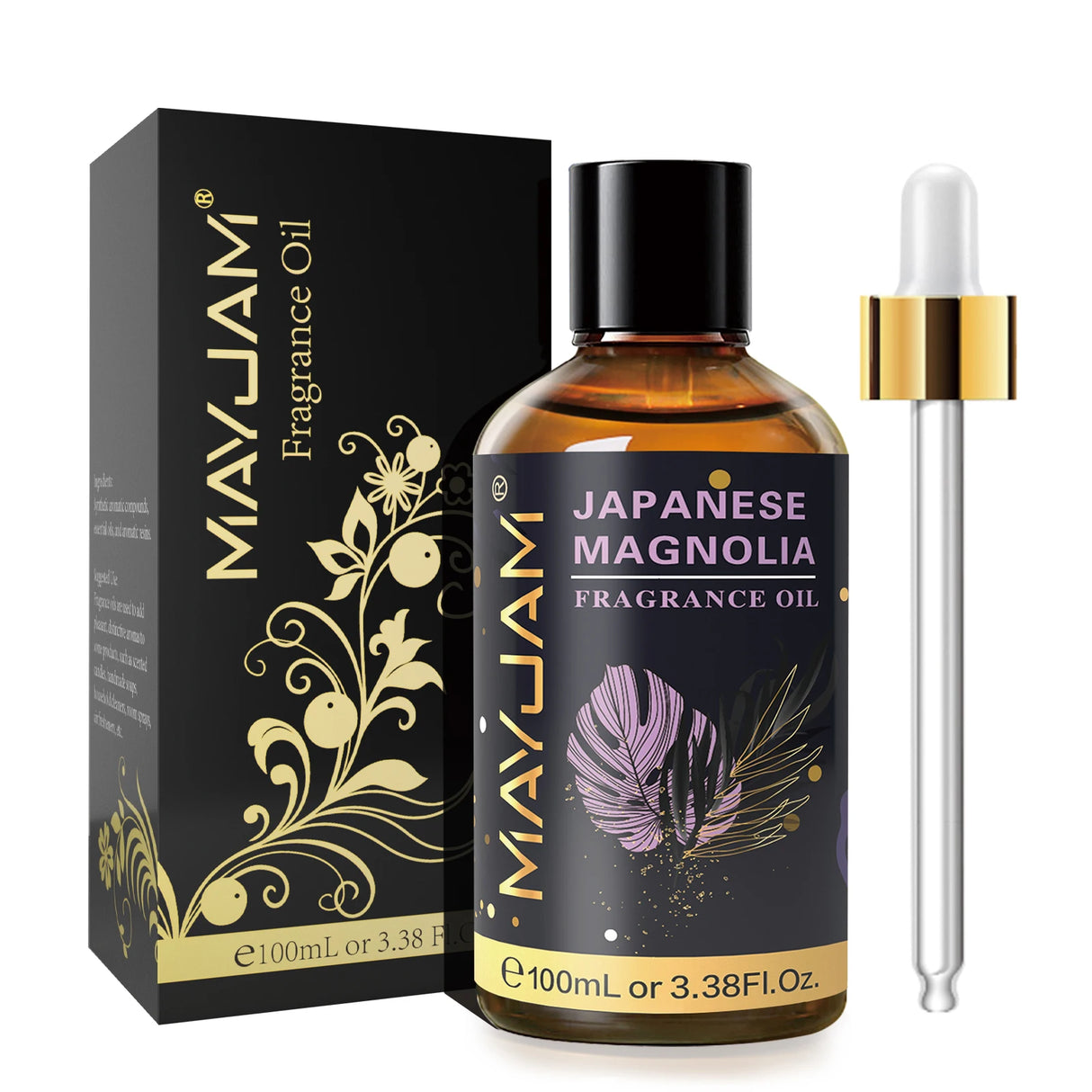MayJam Japanese Magnolia fragrance oil bottle with packaging and dropper on a white background