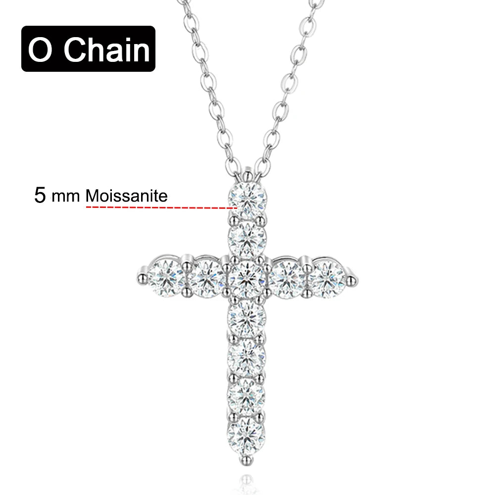 Silver cross pendant necklace with 5 mm Moissanite on a white background