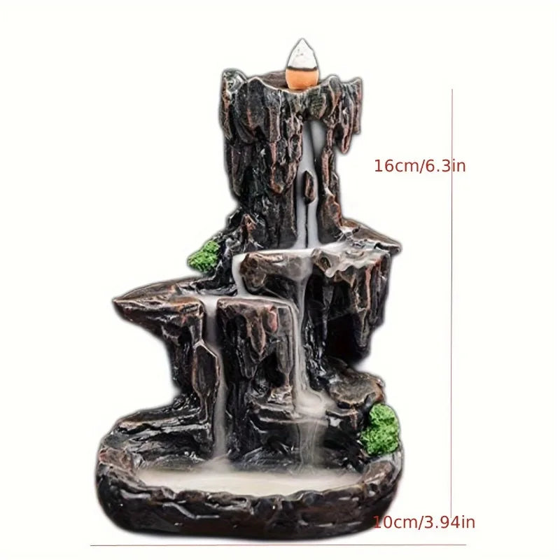 Decorative incense burner shaped like a waterfall with dimensions indicated.