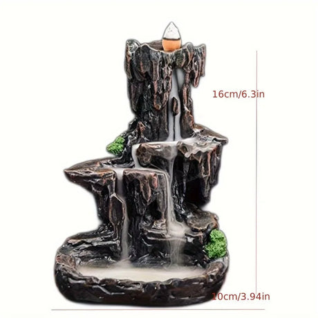 Decorative incense burner shaped like a waterfall with dimensions indicated.