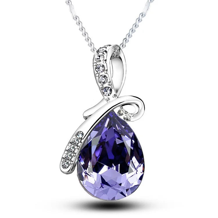 Purple teardrop pendant necklace with silver chain on a white background, featuring the brand 'Giemi'.