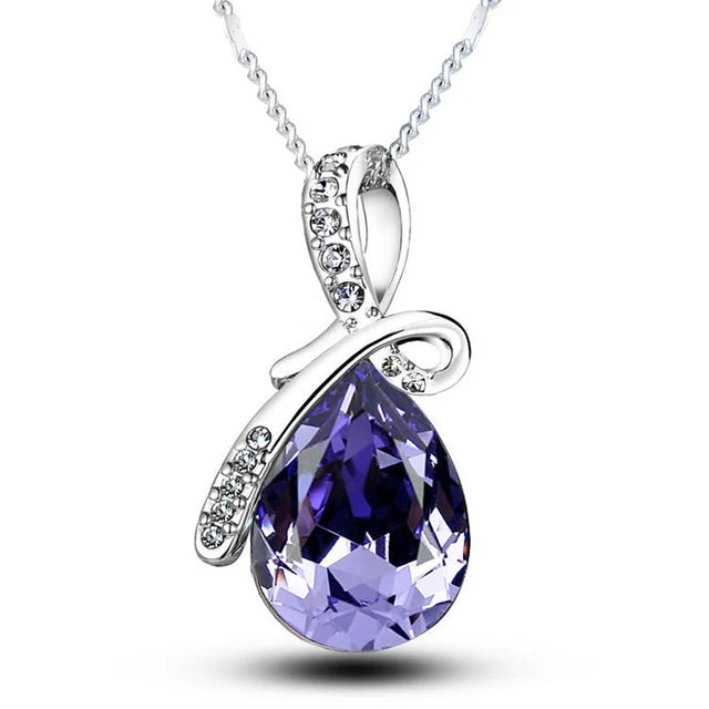 Purple teardrop pendant necklace with silver chain on a white background, featuring the brand 'Giemi'.