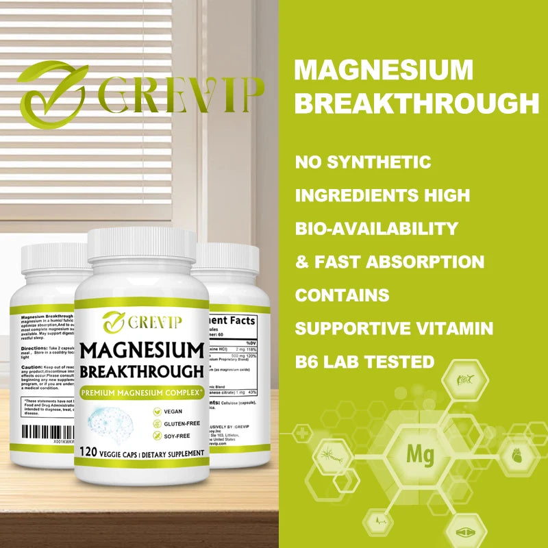 Supplement bottles labeled 'MAGNESIUM BREAKTHROUGH' by Clevip on a wooden surface with green background and product details.