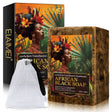Elaimi African Black Soap packaging with a woman's portrait and product display.