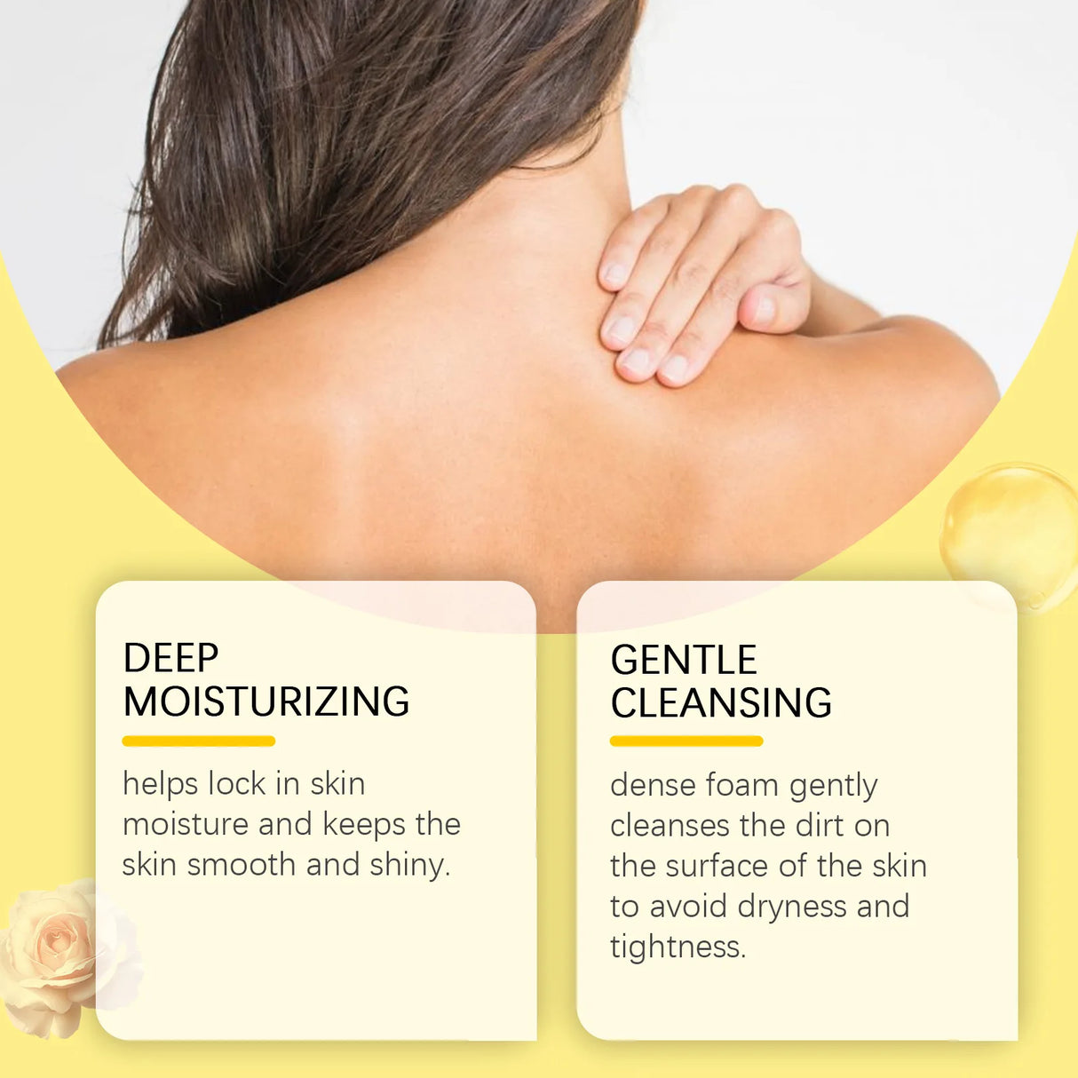Woman with a yellow shirt and text about deep moisturizing and gentle cleansing.
