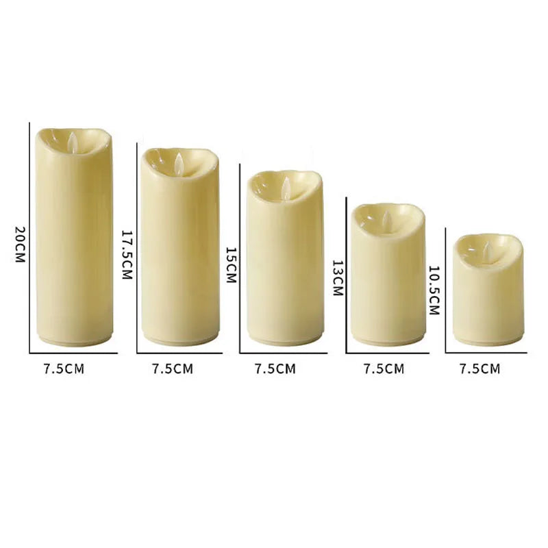 Set of five cream-colored candles with dimensions indicated below each candle.