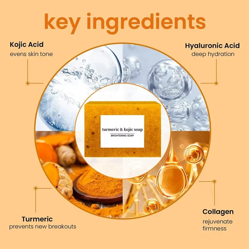 Turmeric & Kojic Soap with key ingredients highlighted on a beige background