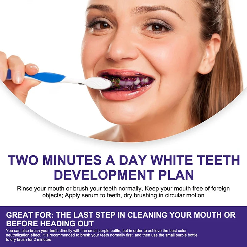 Woman brushing her teeth with a toothbrush, promotional text for a teeth whitening plan.
