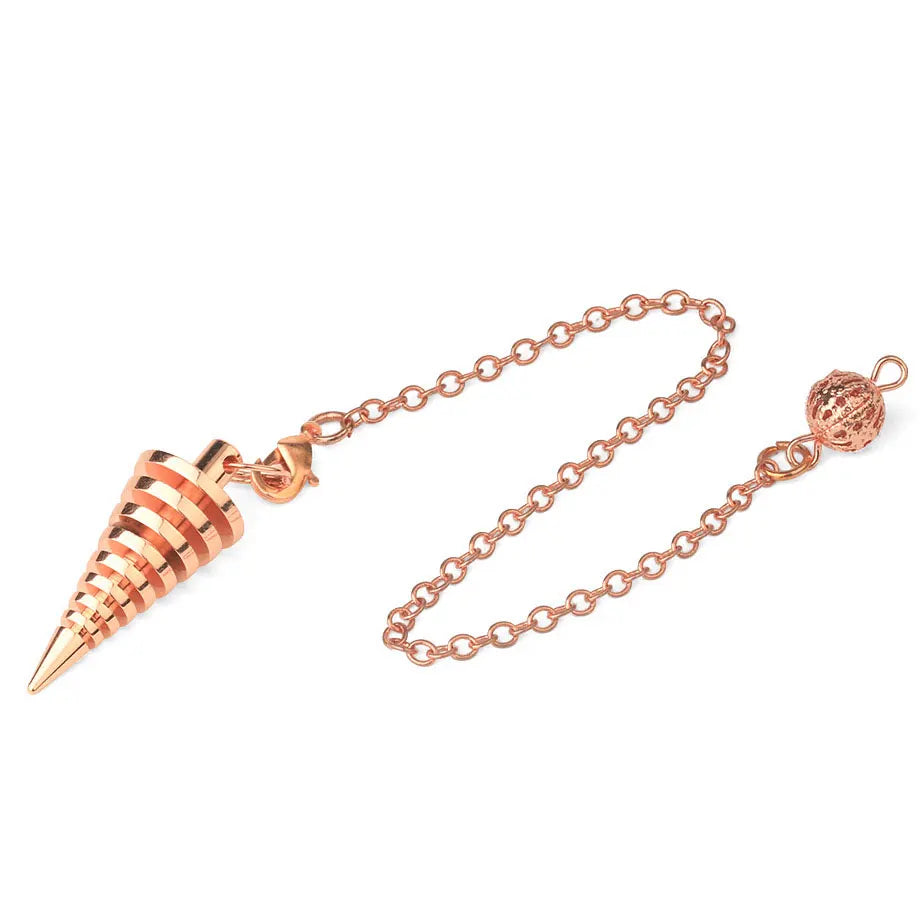 Rose gold spiral pendant on a chain against a white background