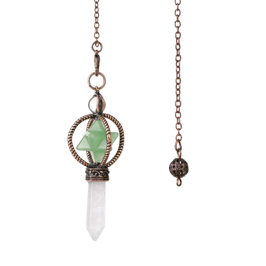 Necklace with crystal pendant and green stone on a white background
