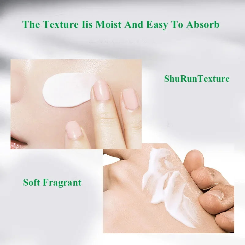 Product texture being applied to skin with text highlighting moist, absorbent, soft, and fragrant qualities.